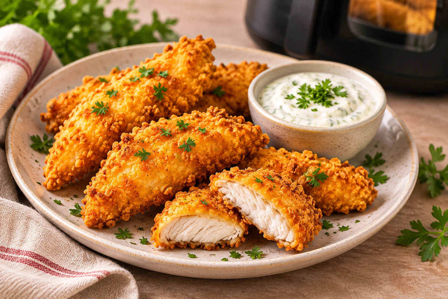 Knusprig panierte Hähnchen-Strips frisch aus dem Airfryer mit Dip